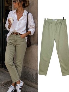Zara Olive Green Vintage Slim Straight Denim Jeans High Rise Sz 6